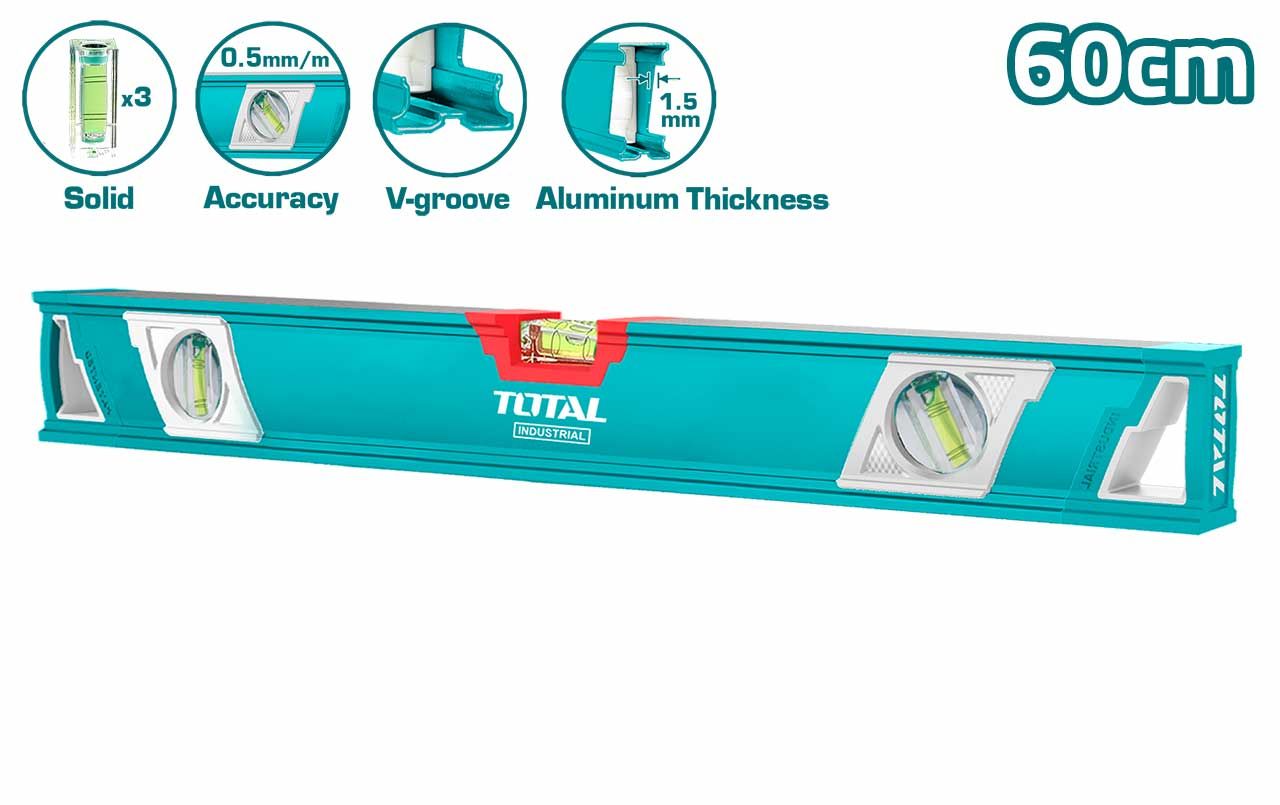 TOTAL SPIRIT LEVEL 60CM W/ V-GROOVE + 3 SPIRIT BUBBLE MILLED SURFACE -TMT26086