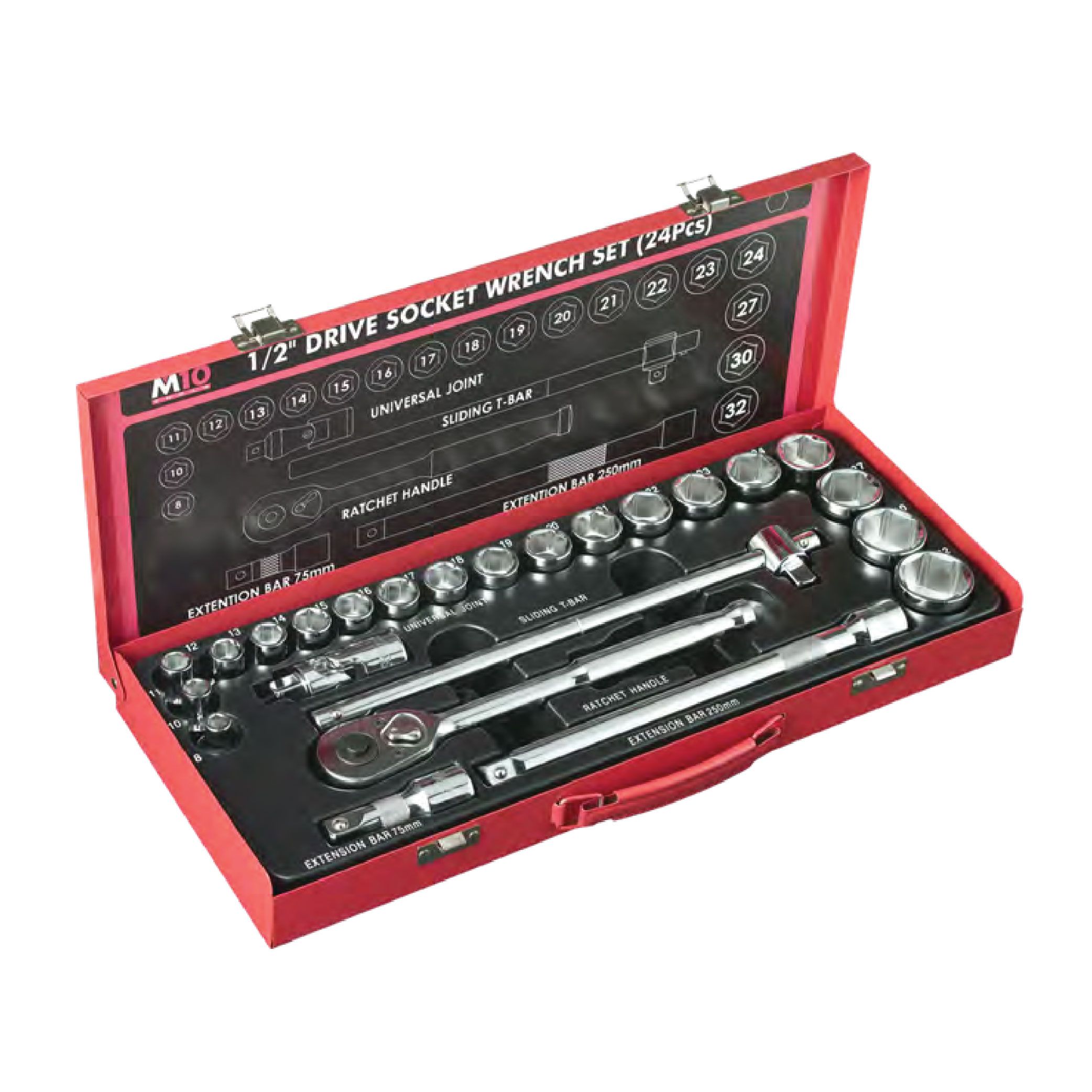 M10 1/2" Dr Socket Set (12 PT Socket - Inches Size) : 419W (24 Pcs)