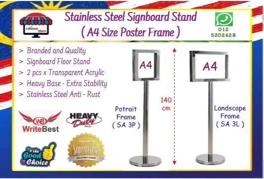 Writebest Stainless Steel Signboard Floor Stand ( A4 Size Frame ) / Poster Stand / Signboard Stand # Portrait & Landscape Frame # RP1085 ( KTT : 1 Unit )