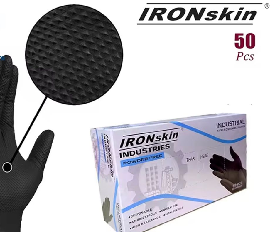 Ironskin Glove Industrial With Diamond Grip Nitrile Black 50 Pcs/Box