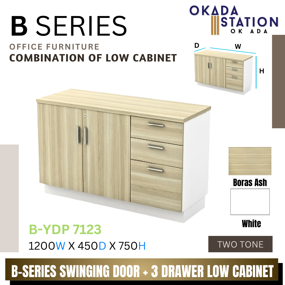 B SERIES SWINGING DOOR + 3 DRAWER FIXED PEDESTAL COMBINATION LOW CABINET- (B-YDP 7123) / B SERIES / WOODEN COMBINATION LOW CABINET / COMBINATION LOW CABINET / LOW CABINET / SWINGING DOOR + FIXED PEDESTAL 2D1F / CABINET