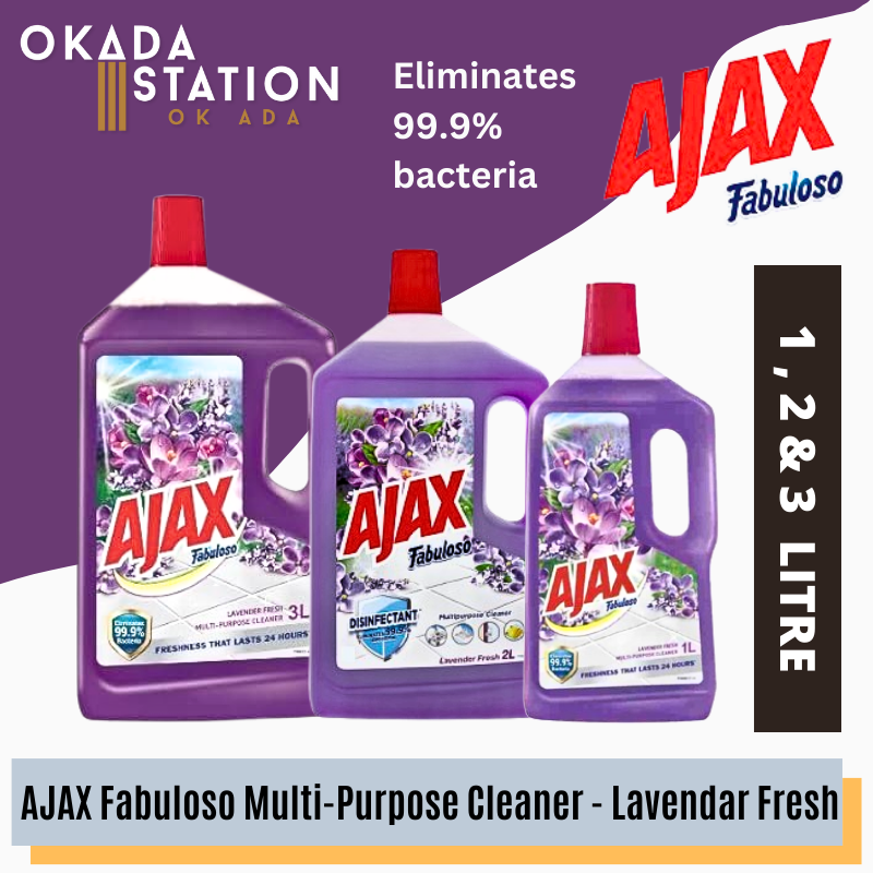 AJAX FABULOSO MULTI-PURPOSE CLEANER ( 1 , 2 , 3 LITER ) -LAVENDAR FRESH / AJAX FABULOSO / CLEANER LIQUID / FLOOR CLEANER / ELIMINATE 99.9% BACTERIA / LAVENDAR / 1L / 2L / 3L