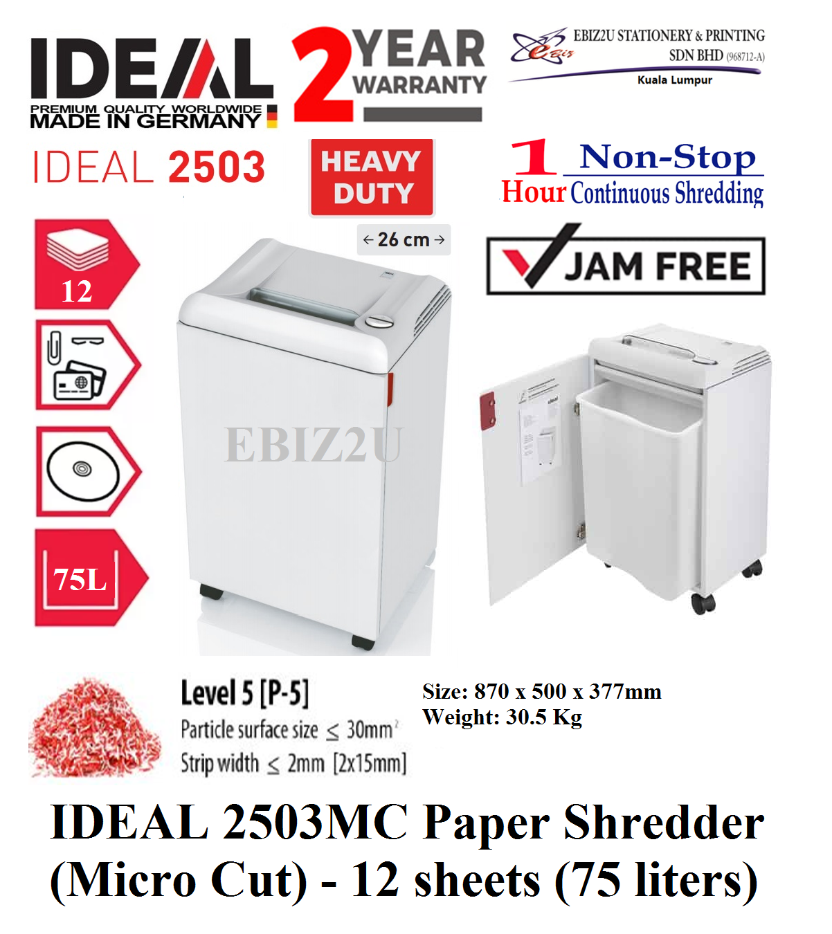 IDEAL 2503 MC Paper Shredder (Micro Cut) - 12 sheets (100 liters) Cross Cut, Paper Shredder, Stationery,Office Automation,Cross Cut Personal, Home Office Shredder,Mesin Penghancur Kertas