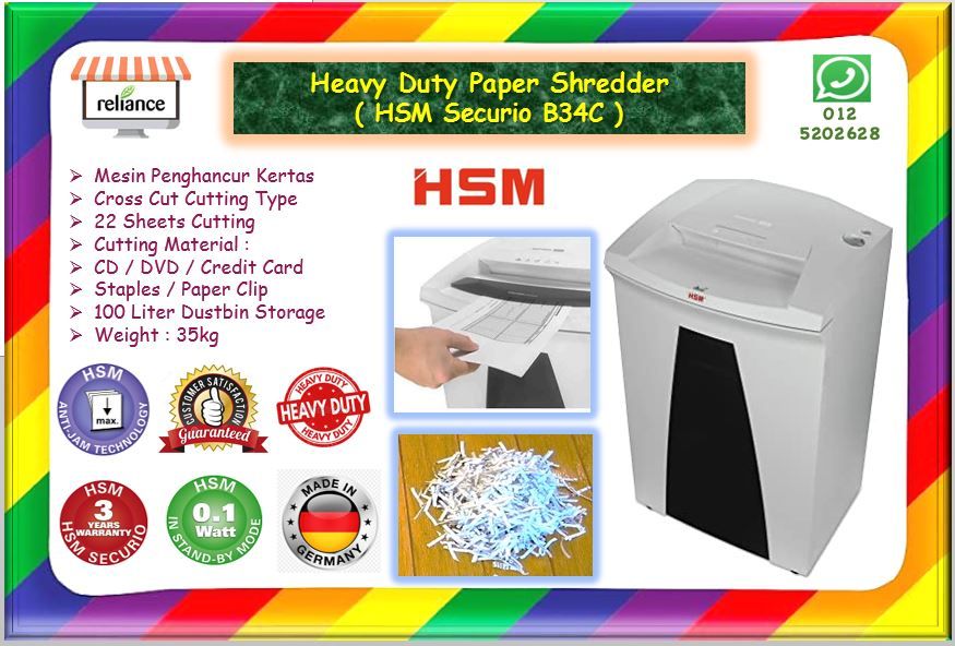 HSM Paper Shredder Securio B34C *Cross-Cut* / Mesin Penghancur Kertas (A4) / Mesin Perincih # 24 Sheets Cut Capacity # Heavy-Duty # Shreds CD/DVDs / Staples / Paper Clip / Credit Card # Buatan Germany # RS1781 ( KTT : 1 Unit )