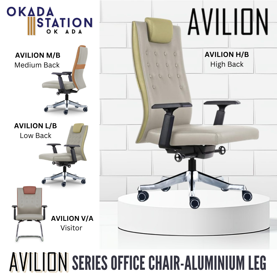 AVILION ERGONOMIC OFFICE CHAIR - ALL SIZE / CHROME SERIES / OFFICE CONFERENCE CHAIR / OFFICE SWIVEL CHAIR / EXECUTIVE CHAIR / DIRECTOR CHAIR / OFFICE CHAIR / ALUMINIUM BASE / FABRIC / PU LEATHER / AVILION