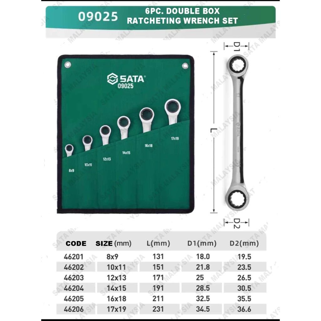 SATA 6Pc. Double Box Ratcheting Wrench Set Spana Dua Box Ratchet Wrench Sepana Sata Tools Sepana yang Berkualiti