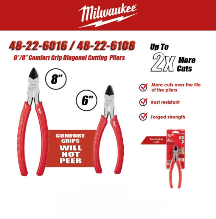 MILWAUKEE 48-22-6106 (6'') / 48-22-6108 (8'') COMFORT GRIP DIAGONAL CUTTING PLIERS