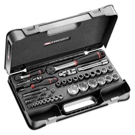 Facom 56-Piece Metric 1/2", 1/4" Standard Socket/Bit Set with Ratchet, 6 point