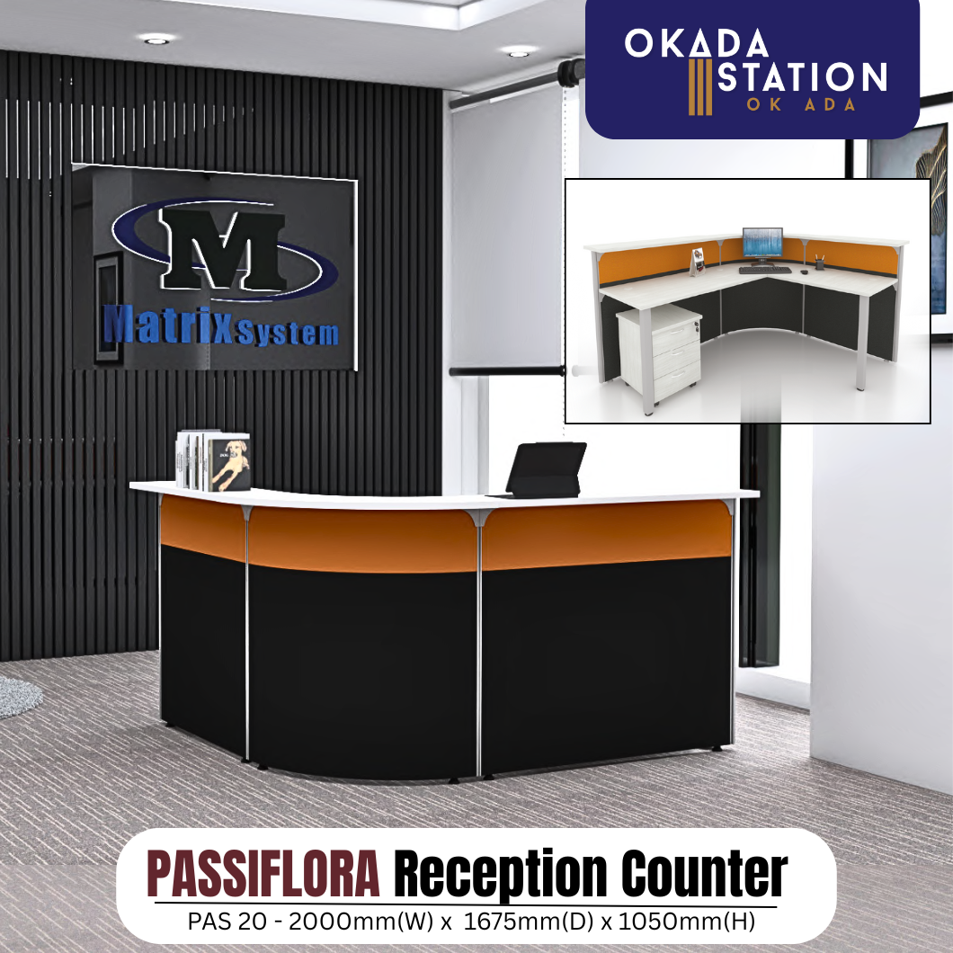 PASSIFLORA RECEPTION COUNTER (2000(W) x 1675(D) x 1050(H)MM) / FOX / MATRIX SYSTEM / RECEPTION TABLE / CASHIER COUNTER / RECEPTIONIST TABLE / RECEPTION DESK / COUNTER TABLE / OFFICE COUNTER / MEJA PENYAMBUT TETAMU / MEJA KAUNTER / PAS 20