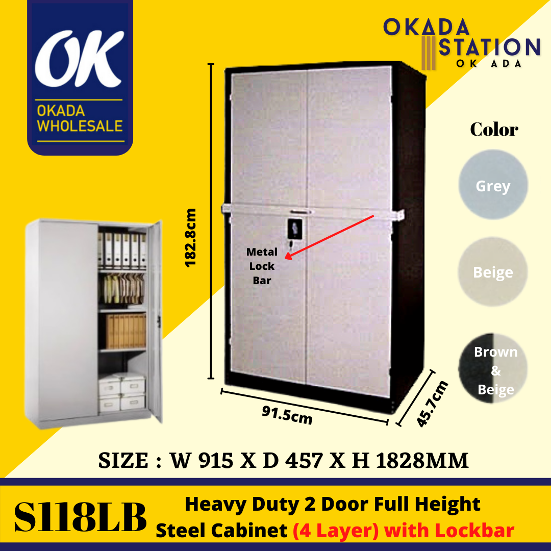 Full Height Metal Cupboard With Steel Swinging Door (Locking Bar) S118LB Full Height Metal Cupboard With Steel Swinging Door (With 3 Adjustable Shelves & 1 locking Bar) /Metal Cupboard /Cabinet /Full Height Cupboard /Swinging Door /S118LB / Locking Bar / Metal Cabinet