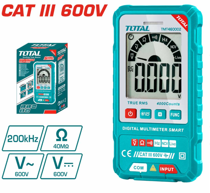TOTAL DIGITAL MULTIMETER CATIII NCV + LIVE WITH SOUND & LIGHT AUTO RANGE DATE HOLD & AUTO OFF (600V) TMT460002