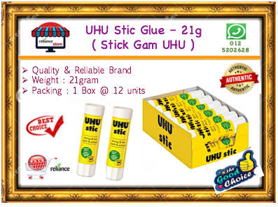 UHU Glue Stic (21 gram) / Glue Stick Gam / UHU Gam # Happy Glue # Toxic Free # Harga Jualan Untuk Kuantiti - 12 Batang (sekotak) # RP-0084 ( KTT : 1 Kotak @ 12 Batang )