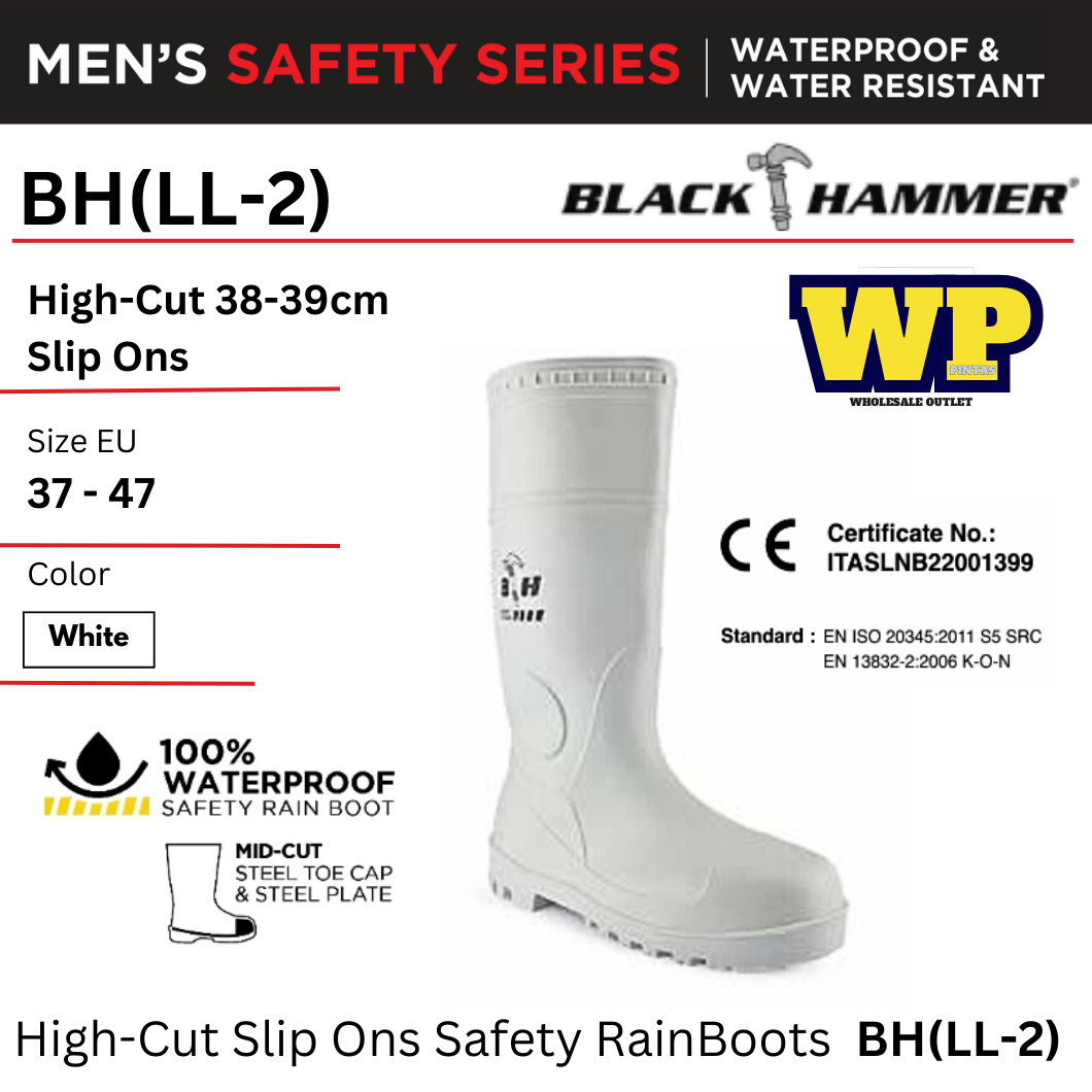 BLACK HAMMER SAFETY RAIN BOOTS WITH STEEL TOE CAP & PLATE -BH(LL-2) / BLACK HAMMER / BLACK SAFE / HIGH-CUT 38-39CM SLIP ON / SAFETY BOOTS/ RAIN BOOTS / RUBBER BOOTS / FOOT PROTECT / WATERPROOF / KALIS AIR / KASUT KILANG / BOOTS KESELAMATAN /BH(LL-2)