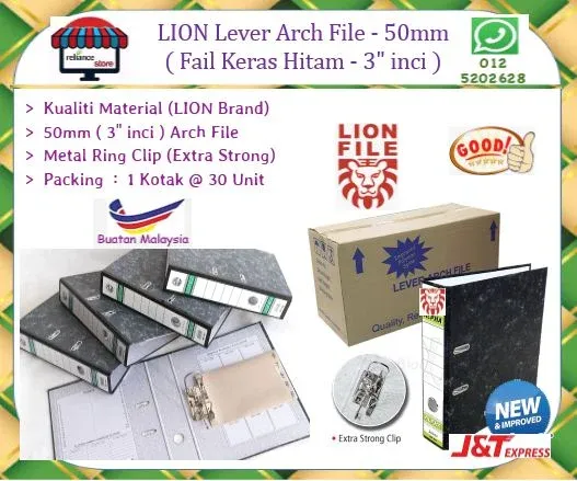 LION Lever Arch File - 50mm (3" Inci) / LION File / Fail Keras Hitam # Metal Clip # With Index Divider # Produk Malaysia # RS1350 ( KTT : 1 Kotak @ 30 unit )