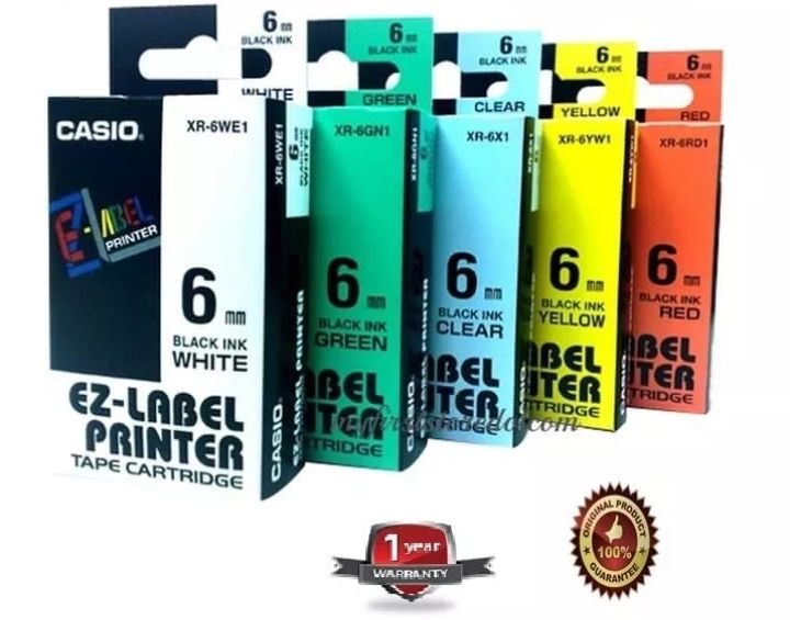 OCHA Casio 6mm EZ Tape Cartridge for Label Printer (White, Clear, Yellow, Blue, Red, Green, Gold, Silver) - Original