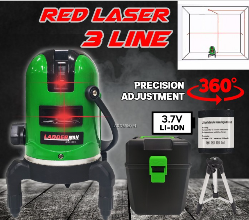 LADDERMAN LDM-2RED 2 LINES ADJUSTABLE RED LASER LEVEL 360?? ROTARY INDOOR OUTDOOR SELF LEVELLING MEASURE