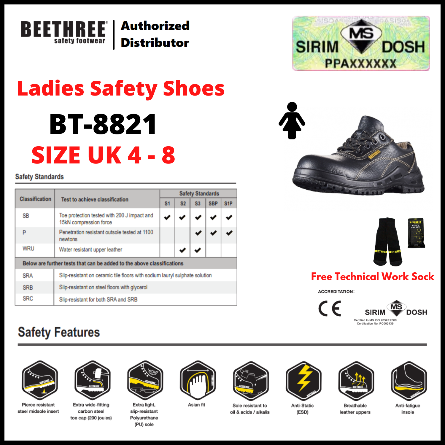 BEETHREE SAFETY FOOTWEAR BT-8821 4-inch Lace up Ladies Safety Shoes