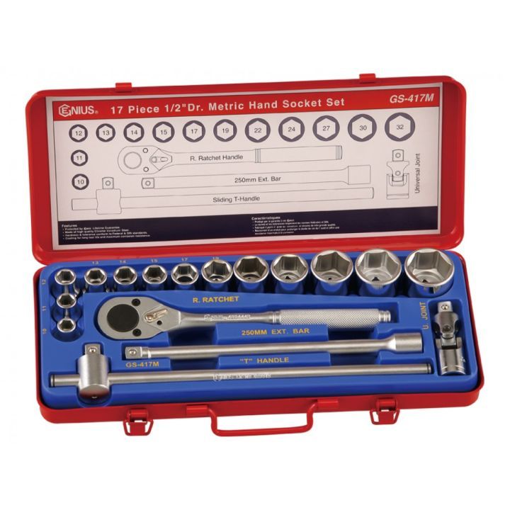 Genius Tools 17 Pc 1/2” Dr. 6Point Metric Hand Socket Set
