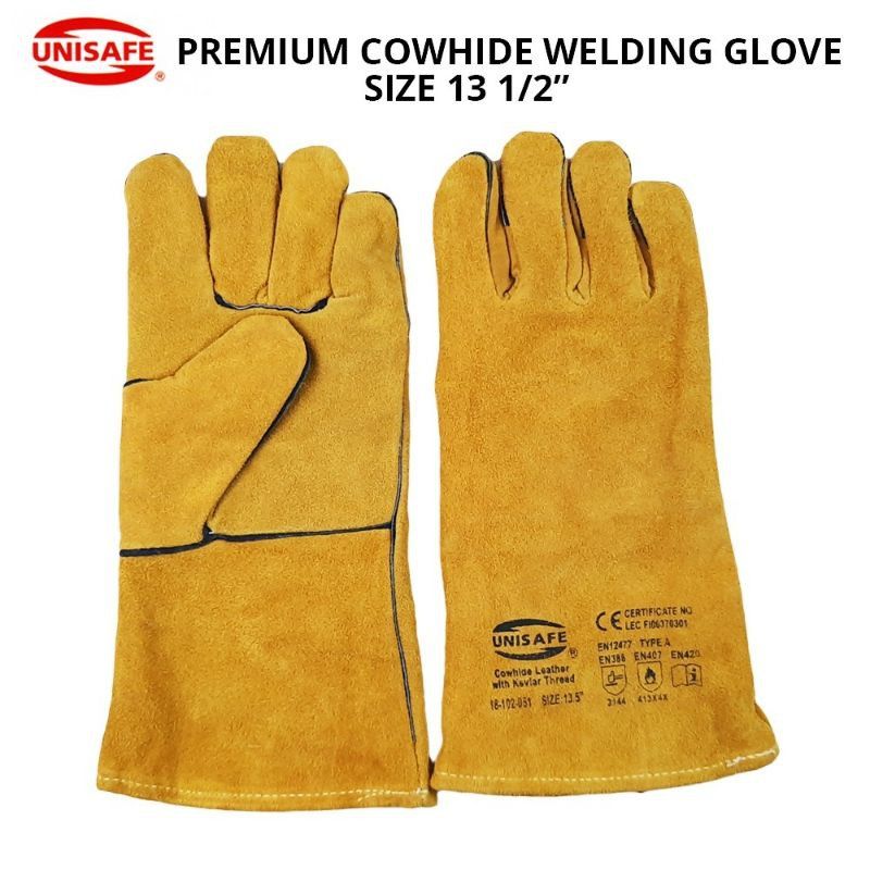 UNISAFE 13.5" PREMIUM COWHIDE LEATHER WELDING WORK HAND GLOVE SEWN WITH KEVLAR THREAD - 1PAIR