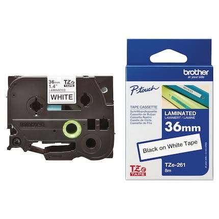 Brother Original 36mm Black on White 8 meter Laminated Ptouch Tape TZE-261