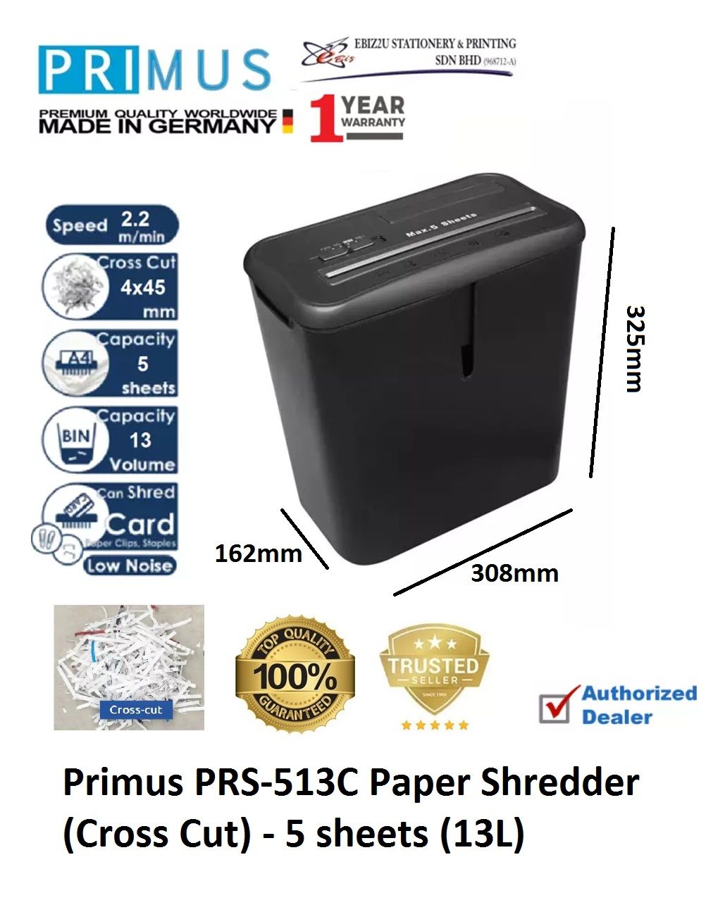 Primus PRS-513C Paper Shredder (Cross Cut) - 5 sheets (13L) (Paper Shredder, Shredder Machine, Office Shredder, personal shredder, home shredder, Mesin Penghancur Kertas)