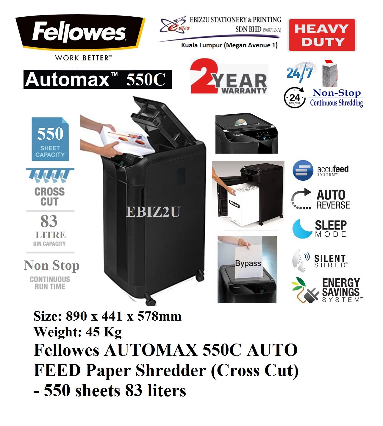 Fellowes AUTOMAX 550C AUTO FEED Paper Shredder (Cross Cut) 4 x 38 mm - 550 sheets 83 liters (non stop, Cross Cut, Paper Shredder, Shredder Machine, Office Shredder, Heavy Duty Shredder, Mesin Penghancur Kertas)