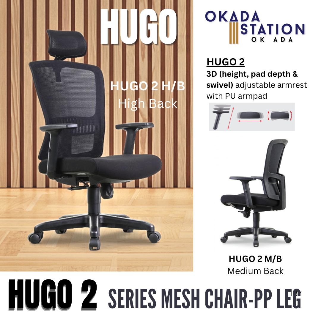 HUGO 2 ERGONOMIC MESH CHAIR - ALL SIZE / MESH SERIES / OFFICE CONFERENCE CHAIR / OFFICE SWIVEL CHAIR / ERGONOMIC CHAIR / EXECUTIVE CHAIR / DIRECTOR CHAIR / OFFICE CHAIR / MESH CHAIR / PP BASE / HUGO 2
