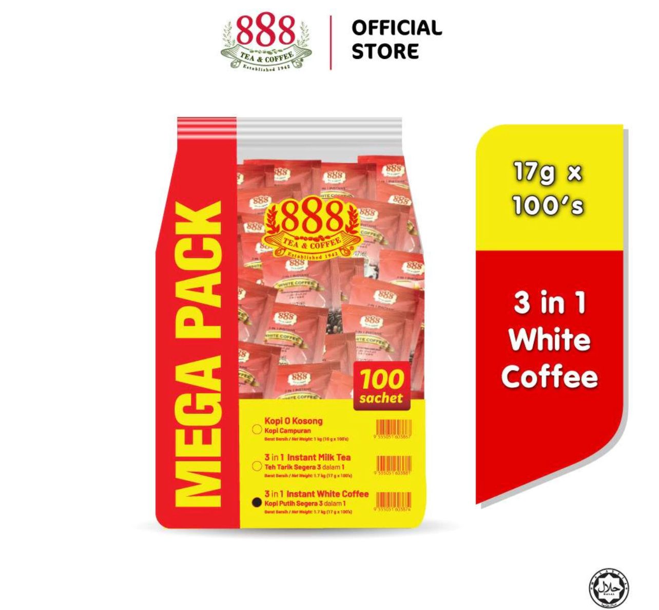 888 3 in 1 Instant White Coffee Value Pack (17g x 100s)