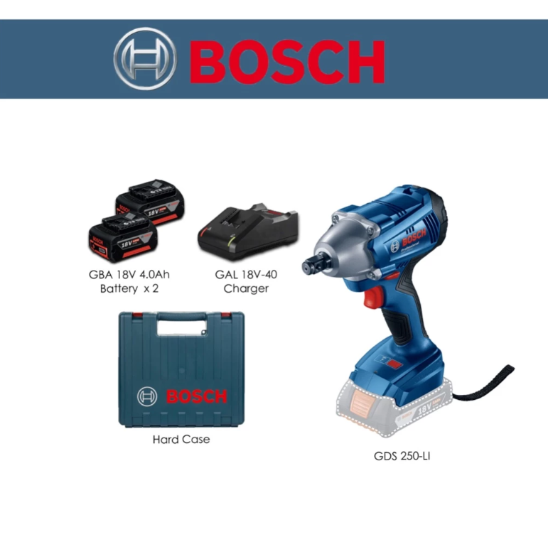 BOSCH GDS250LI4AH IMPACT WRENCH 18V 250NM 1/2" C/W 1 CHARGER + 2 BATTERIES 4AH