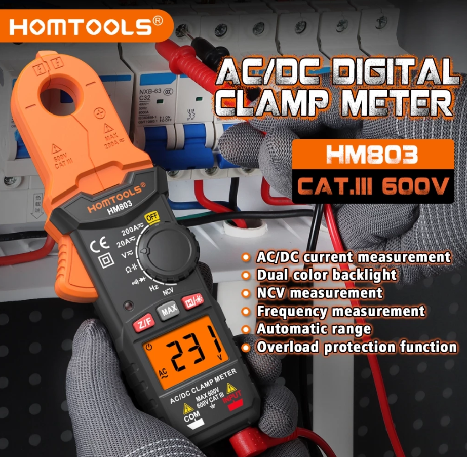 HOMTOOLS HM803 DIGITAL CLAMP METER 2000 COUNTS TRUE RMS NCV 600V