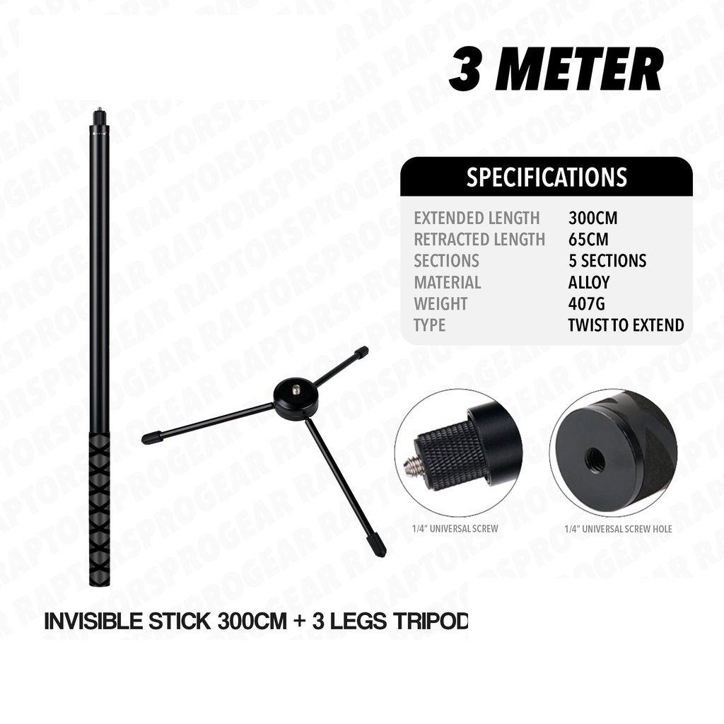 OEM 3 Meter Super Long Invisible Selfie Stick + Tripod