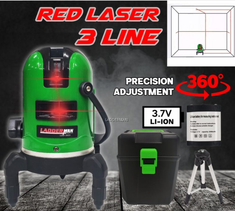 LADDERMAN LDM-3RED 3 LINES ADJUSTABLE LASER LEVEL 360 ROTARY INDOOR OUTDOOR SELF LEVELLING MEASURE