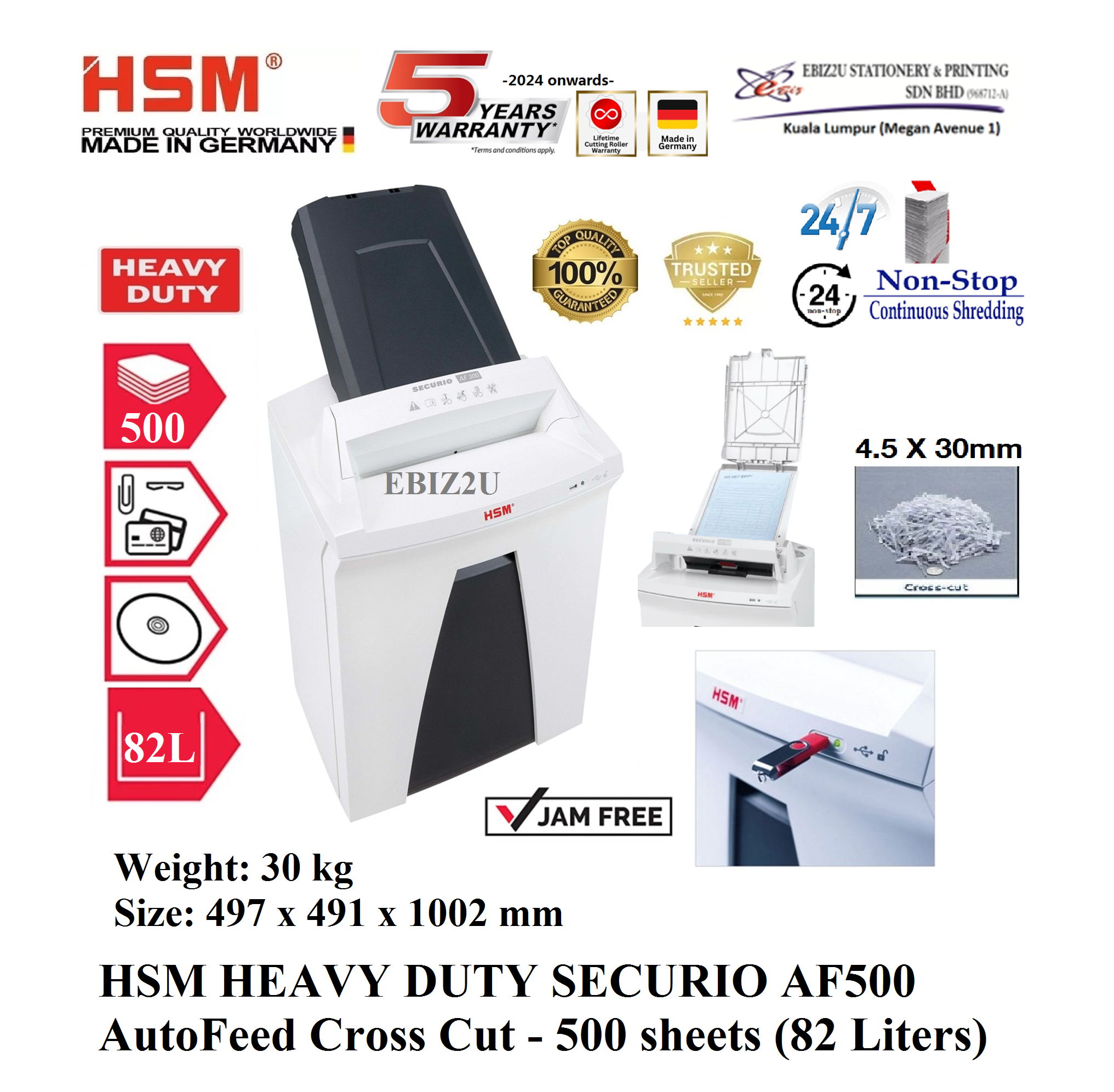 HSM HEAVY DUTY SECURIO AF500 AutoFeed 500 sheets (82 Liters) -( Cross Cut, Paper Shredder, Shredder Machine, Office Shredder, Mesin Penghancur Kertas, Heavy Duty Shredder, Heavy Duty Paper Shredder)