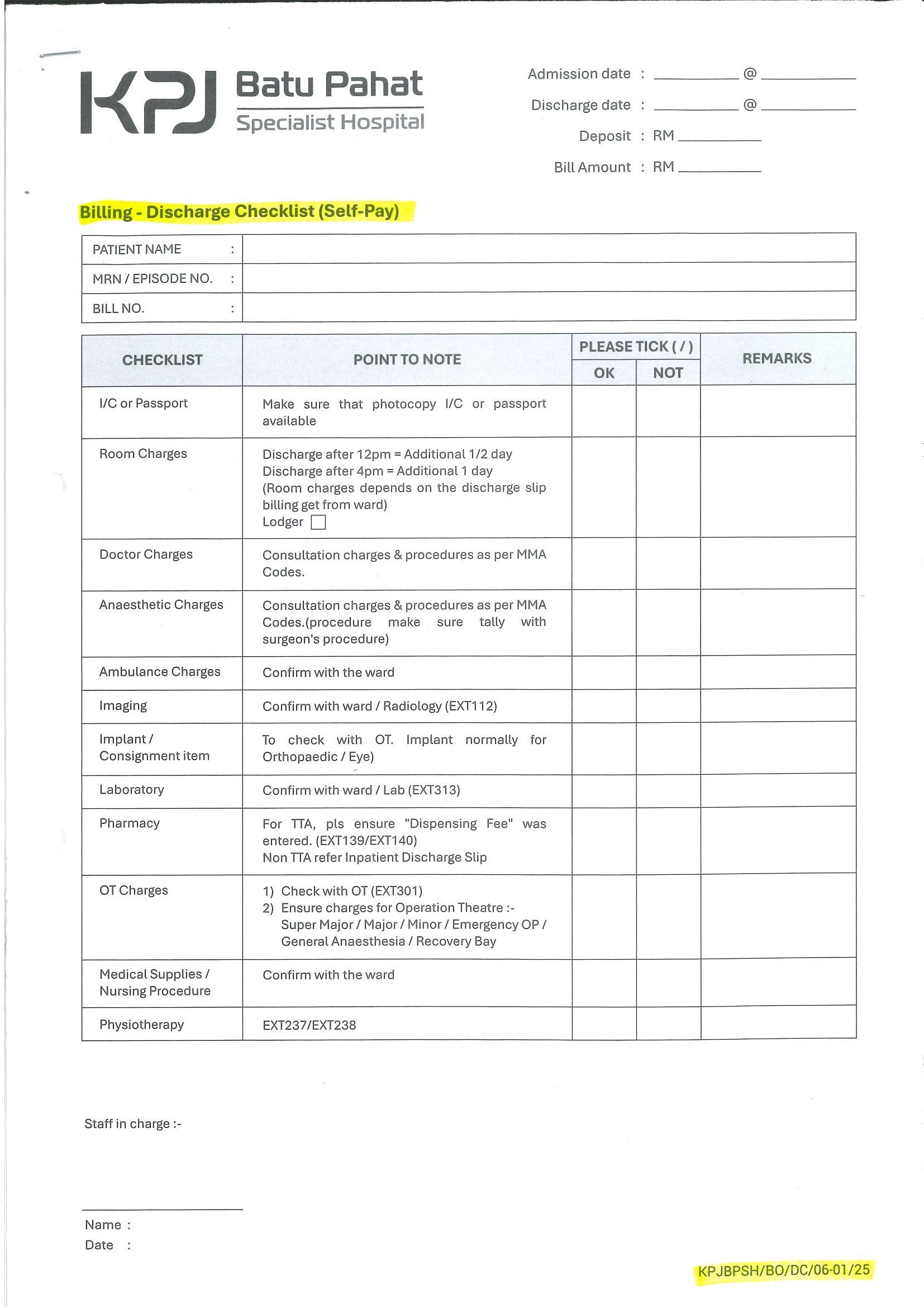 Billing - Discharge Checklist (Self-Pay)