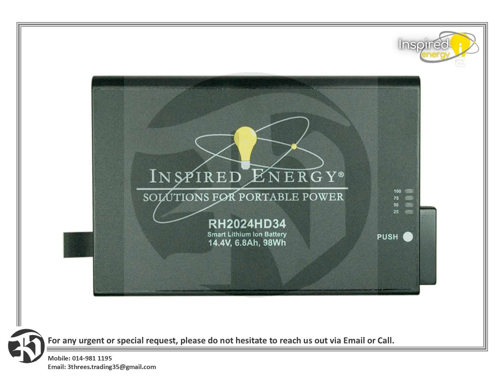 Inspired Energy Rechargeable Smart Lithium-Ion Battery Pack, 14.4V, 6.8Ah, 98Wh, <8A, 80W (RH2024HD34)
