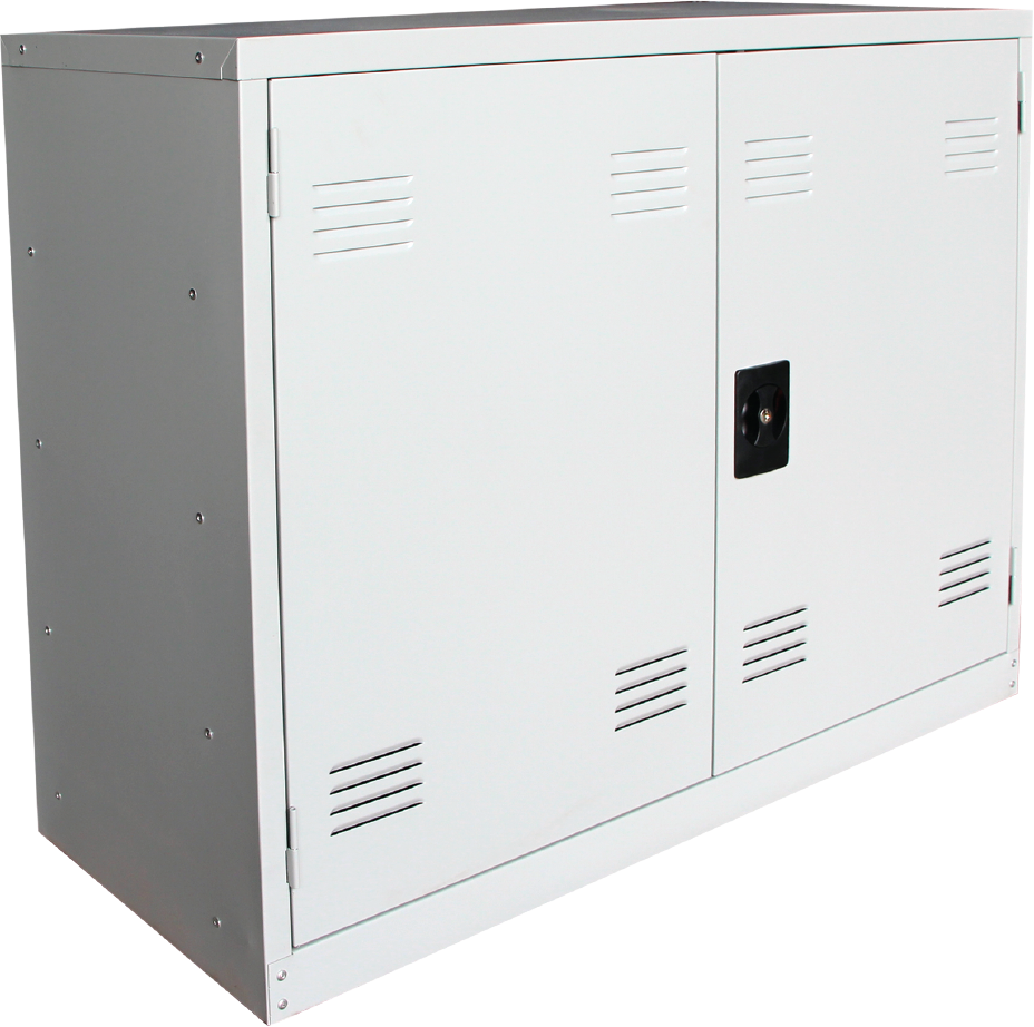 STERLING STEEL SHOE RACK WITH STEEL SWINGING DOOR & VENTILATION HOLE C/W 4 FIXED SHELVES (S168)