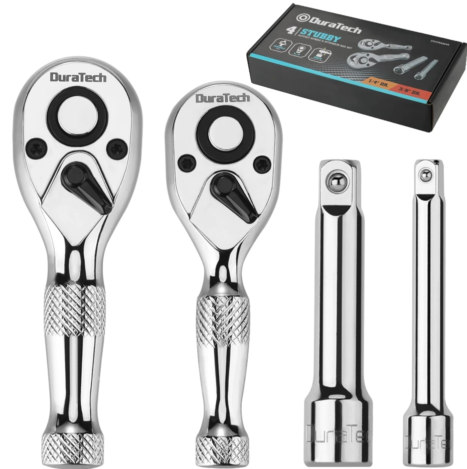 DURATECH STUBBY RATCHET SET 1/4-INCH AND 3/8-INCH WITH 2 EXTENSION BARS 4-PIECE 72-T REVERSIBLE