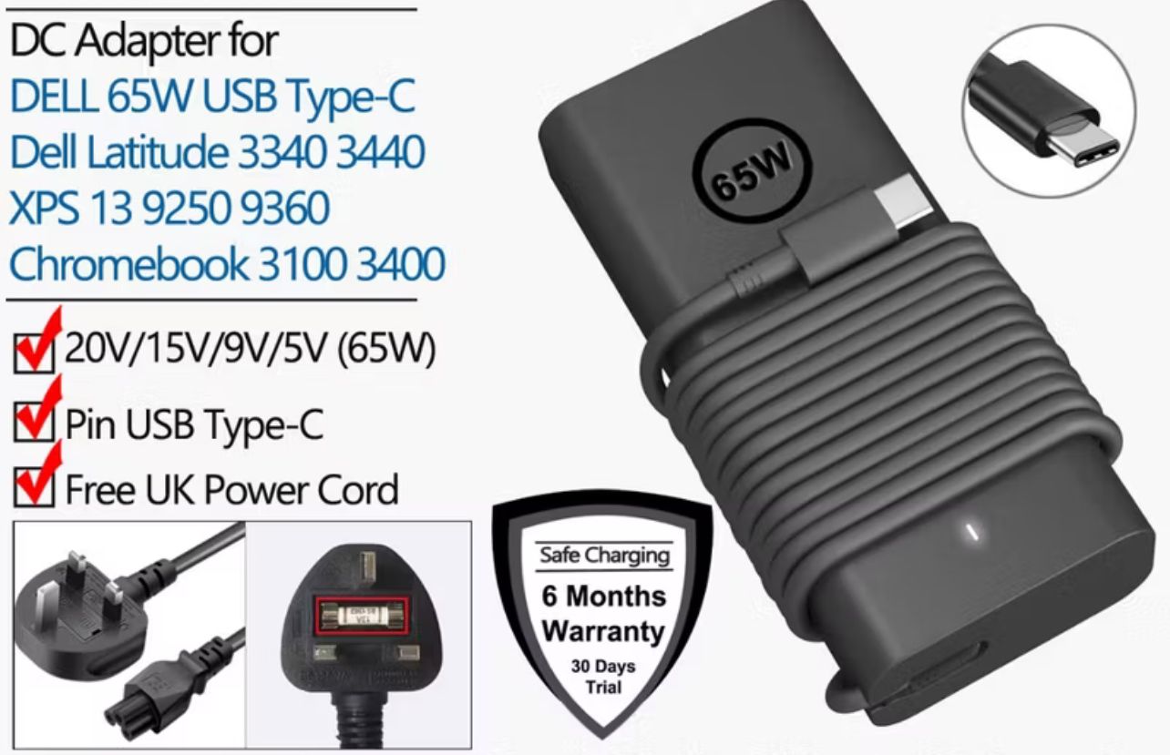 Dell Replacement DELL 65W USB Type-C Power Adapter Dell Latitude 7275 7370 5420 XPS 13 9250 9360 Chromebook 3100 3400 5190