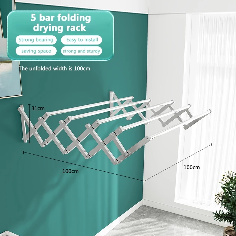 Stainless Steel Retractable Wall Mounted Clothes Hanger 5 Bar x 1Meter