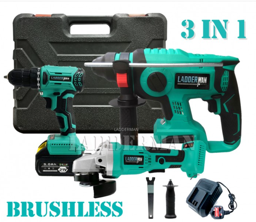[ 3 IN 1 ] LADDERMAN BRUSHLESS CORDLESS ROTARY HAMMER / DRILL / ANGLE GRINDER WITH 21V 4.0/5.0AH LI-ION BATTERY COMBO SET