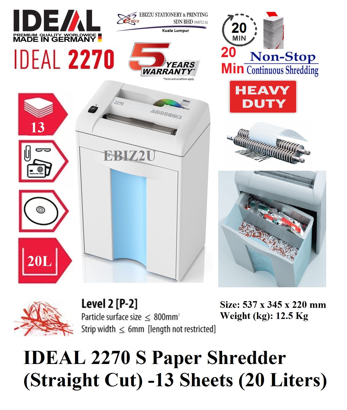 IDEAL 2270 S Paper Shredder (Straight Cut) -13 Sheets (20 Liters) 5 Years Warranty 2270S (Strip Cut, Straight Cut, Paper Shredder, Shredder Machine, Office Automation, Office Shredder, Mesin Penghancur Kertas, Heavy Duty Shredder, Heavy Duty Paper Sh