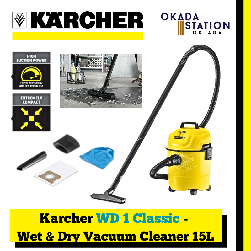 Karcher WD 1 Classic - Wet & Dry Vacuum Cleaner 15L - Machine Only & Combo Set / Corded Vacuum Cleaning / Vacuum Cleaner / Wet & Dry Cleaning / Vacuum / Cleaning Tool / 15L Container Capacity