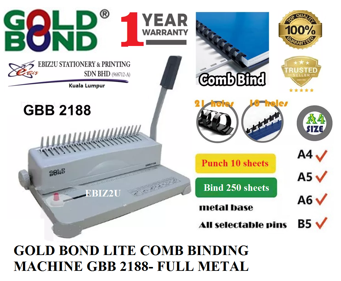 GOLD BOND LITE COMB BINDING MACHINE GBB 2188- FULL METAL (binding machine, heavy duty binding machine, comb binder, comb binding machine)
