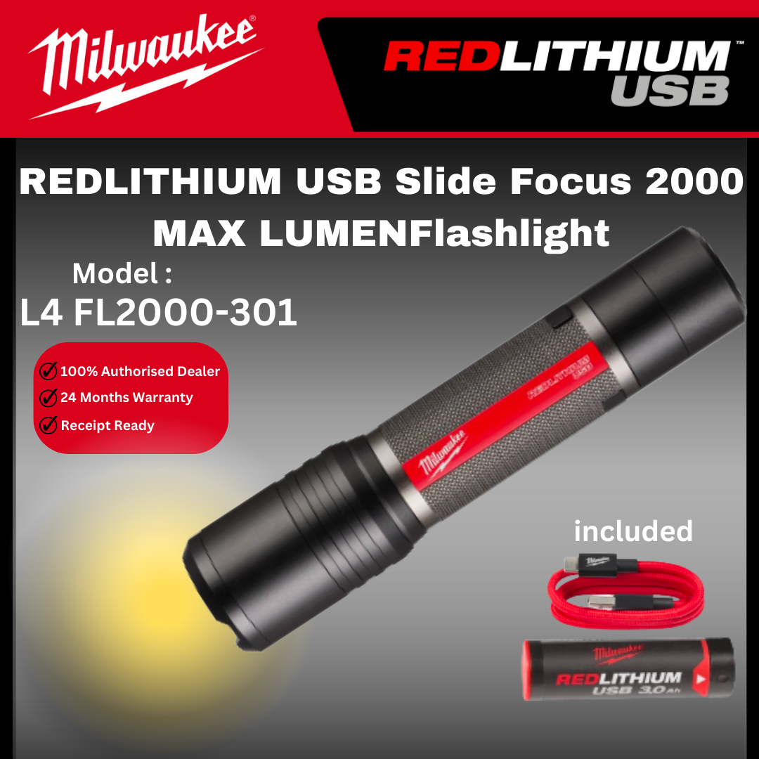 Milwaukee USB Slide Focus Flashlight 2000 Lumen / L4 FL2000-301B / Flash Light / Torch Light / Work Light / USB Torch Light / Lampu Kerja / Milwaukee Light / Milwaukee Lampu