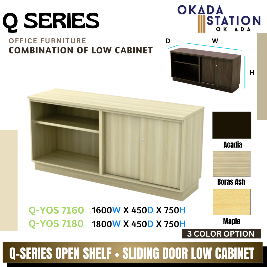 Q SERIES OPEN SHELF + SLIDING DOOR LOW CABINET- (Q-YOS 7160) (Q-YOS 7180) / B SERIES / WOODEN LOW CABINET / COMBINATION LOW CABINET / OPEN SHELF + SLIDING DOOR CABINET/ LOW CABINET / CABINET