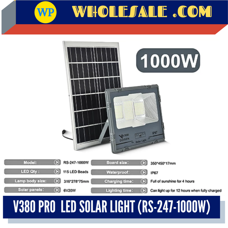 V380 PRO LED OUTDOOR SOLAR LIGHT - 1000W / LED SOLAR LIGHT / WORK LIGHT / SAFETY LIGHT / LAMPU SOLAR / CAHAYA BANJIR SOLAR / LAMPU KESELAMATAN / 5054 HIGH LUMENS / RS-247-1000W