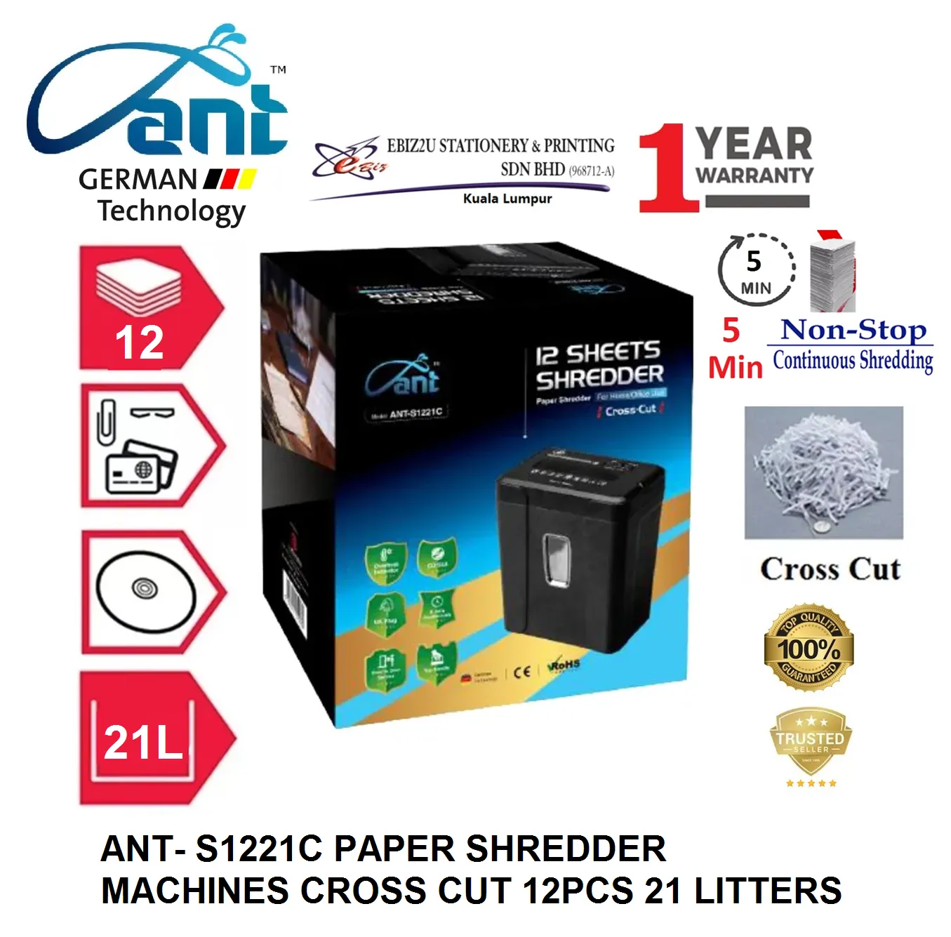 ANT- S1221C PAPER SHREDDER MACHINES CROSS CUT 12PCS 21 LITTERS WITH 1 YEAR WARRANTY (mesin perincih kertas, Mesin Penghancur Kertas)