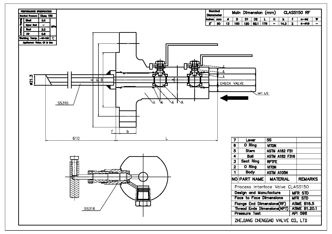 *CG VALVE DN 50 RF x 1/2" NPTF A105 150LB/1500LB INJECTION PROBE WITH INTEGRAL DBB