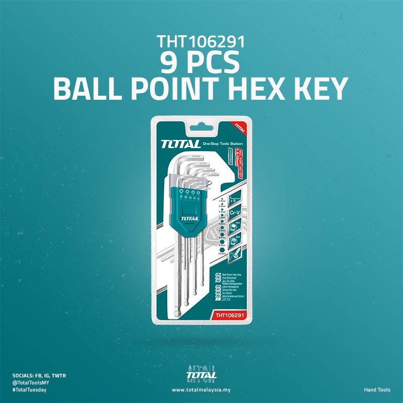 TOTAL BALL POINT HEX KEY LONG ARM (1.5MM- 0MM/9 PCS) THT106291