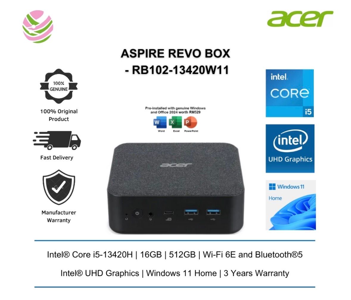 Acer Aspire Revo Box RB102-13420W11 ( i5-13420H, 16GB, 512GB SSD, Intel, W11, HS+M365 )